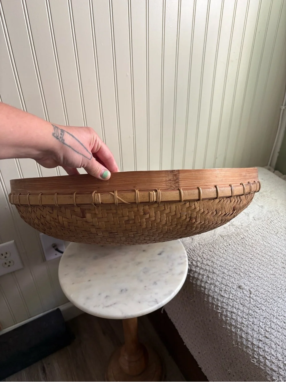 Vintage Large Woven Bamboo Asian Winnowing Basket Brown 20” Diameter Traditional